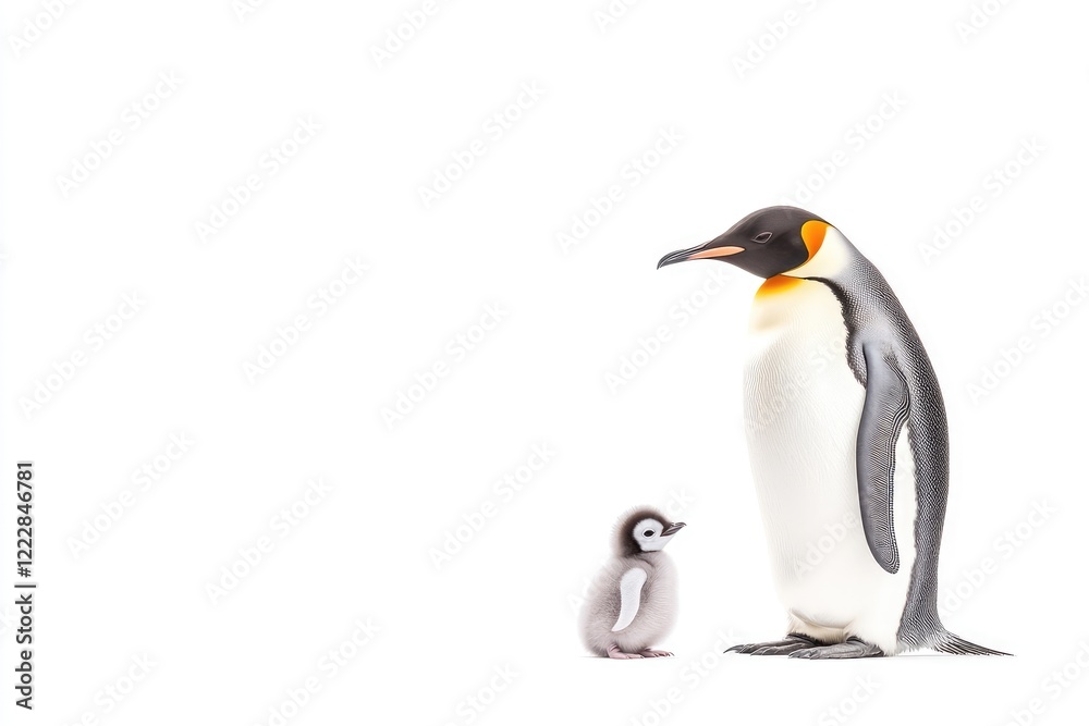 Fototapeta premium An adult emperor penguin stands beside its fluffy chick on a bright white background, showcasing a tender moment