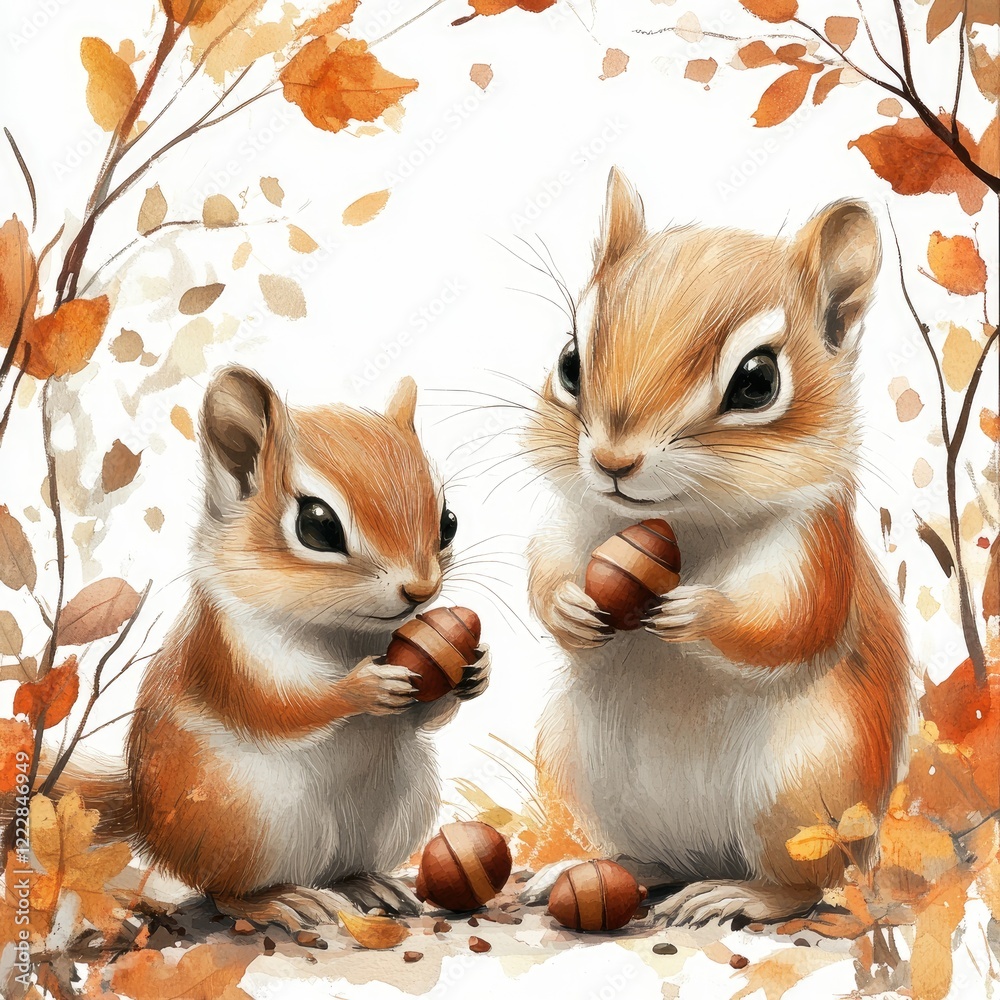 Two adorable chipmunks joyfully holding acorns amidst a vibrant autumn backdrop of falling leaves Two adorable chipmunks joyfully holding acorns amidst a vibrant autumn backdrop of falling leaves