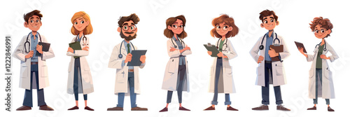 doctors set cartoon. doctor, character man woman profession professional medicine medics paramedic group team hospital ambulance stethoscope clinic vector illustration