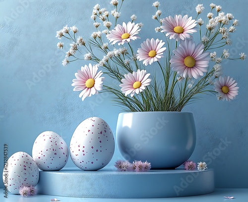 3d Happy Easter banner with painted eggs, flowers and podium. Concept of Easter egg hunt or egg decorating for product presentation. 3d render photo