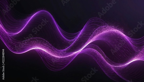 Vibrant glowing particle waves in purple gradients, set against a dark background.