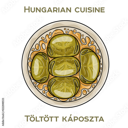 Toltott kaposzta is a traditional Hungarian dish featuring stuffed cabbage rolls filled with a savory mixture of ground meat and rice, simmered in a rich tomato sauce.