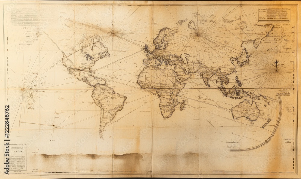 Historical maps on old paper showing world travel routes, geographical locations, and explorations from a bygone era. Historical maps on old paper showing world travel routes, geographical locations, and explorations from a bygone era.