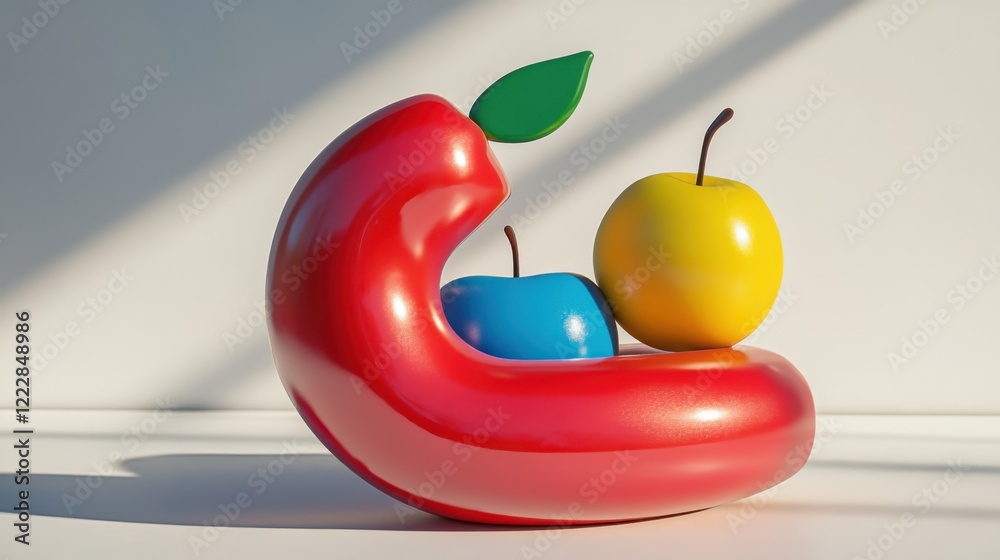 Obraz premium Colorful abstract sculpture featuring a red shape cradling three vibrant apples in a bright setting
