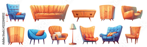 furniture set cartoon. blue orange armchair sofa nightstand bedside table cabinet floor lamp chair, house design living room cozy soft interior vector illustration