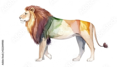 A vibrant watercolor painting of a lion walking gracefully, showcasing colorful fur patterns and a serene background photo