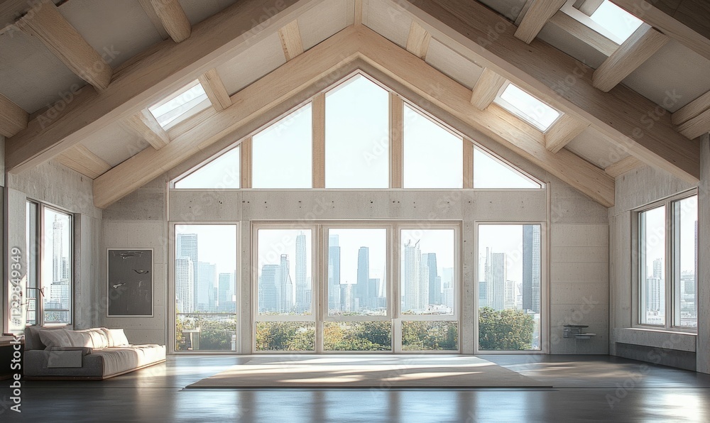 Fototapeta premium Homebuilding concept. Spacious loft with open beams and city skyline view, under construction