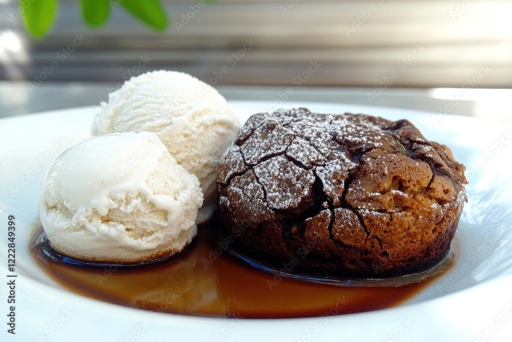 Decadent Chocolate Lava Cake with Melting Center Served with Scoop of Vanilla Ice Cream Decadent Chocolate Lava Cake with Melting Center Served with Scoop of Vanilla Ice Cream