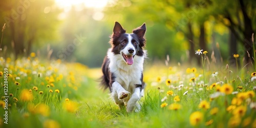 A Border Collie runs in a green meadow with flowers and trees , dogs, pet behavior