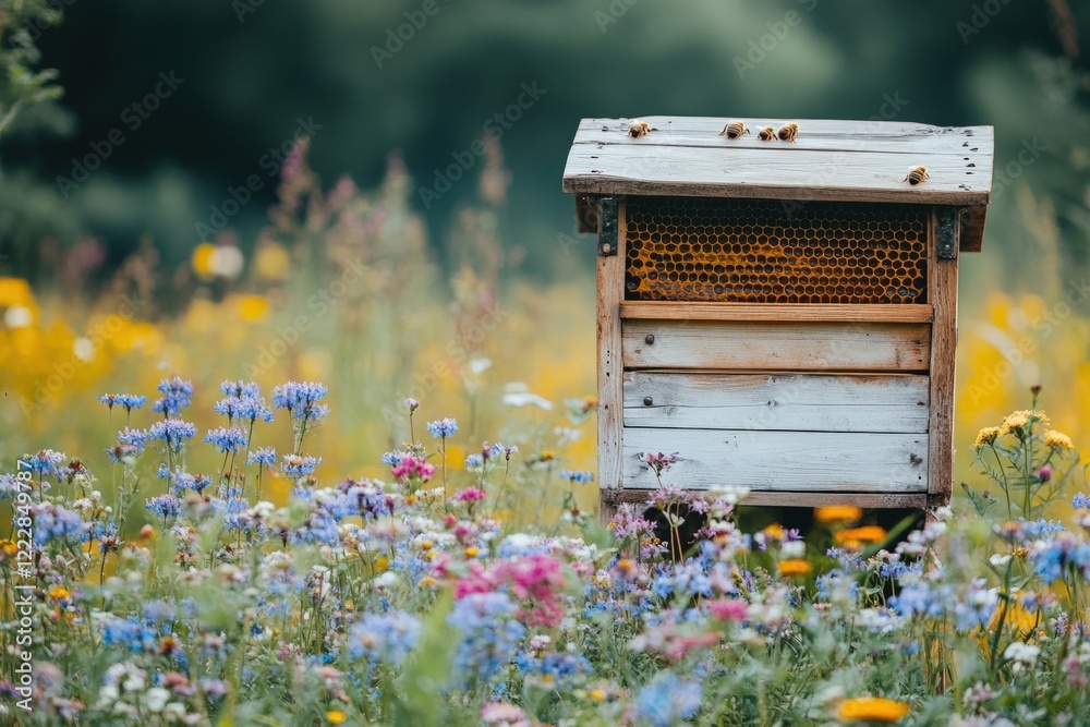 Rustic wooden beehive surrounded by vibrant wildflowers in a serene countryside setting. Generative AI Rustic wooden beehive surrounded by vibrant wildflowers in a serene countryside setting. Generative AI