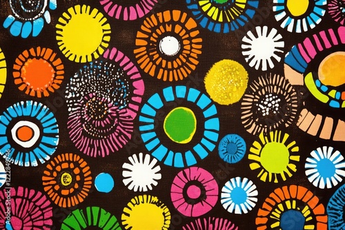 African wax print-style pattern with circular shapes and colorful lines, vibrant colors including a dark brown background