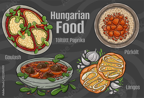 A hand-drawn vector illustration featuring a collection of famous Hungarian dishes.