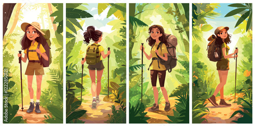 girl tourist cartoon set. woman in shorts yellow t-shirt with backpack walking along jungle trail, travel tourism adventure exploration hike expedition summer green tropics vector illustration