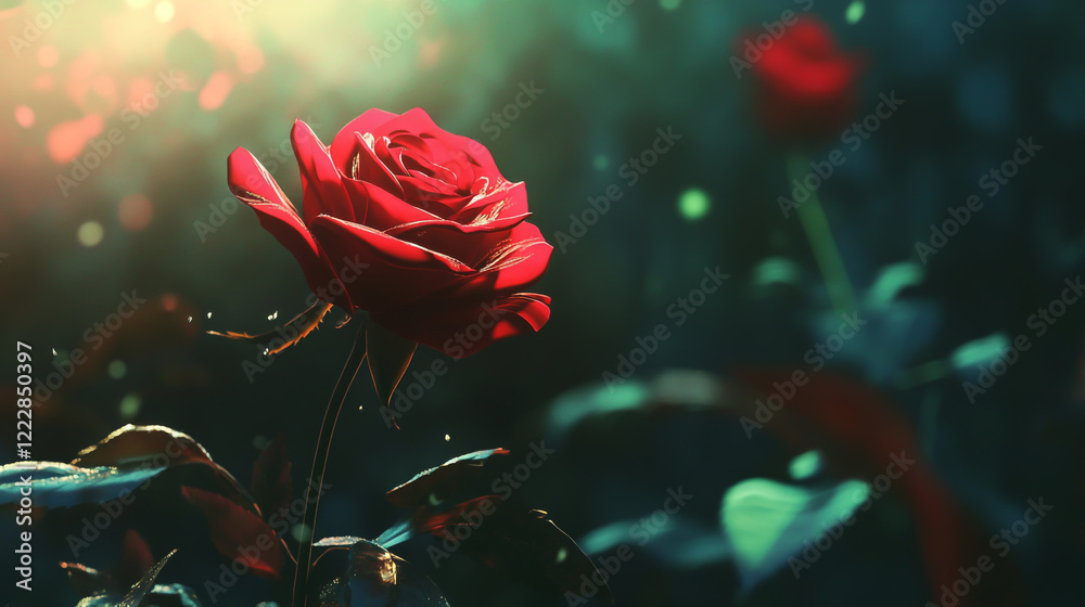 Obraz premium Vibrant red rose blooming in a lush garden, symbolizing love and romance, perfect for a Valentine's Day theme