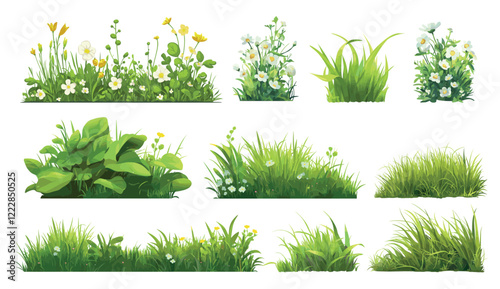 green grass. bush frame, plants shrubs border element landscape design wild flowers lawn garden vector illustration