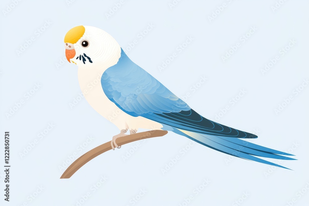 Colorful budgerigar perched on a branch against a light background, showcasing its vibrant plumage Colorful budgerigar perched on a branch against a light background, showcasing its vibrant plumage