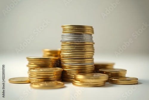 Stacked Mexican Peso coins. Gold coins with stacks of silver coins, concept of wealth and business success.