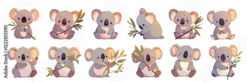 koalas cartoon set. cute character gray koala with branch, animal nature kind smile australia vector illustration