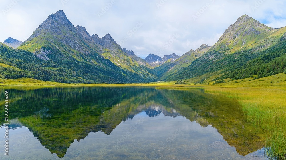 Mountain lake reflection, serene landscape, summer day, calm waters Mountain lake reflection, serene landscape, summer day, calm waters
