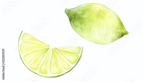 Watercolor illustration of a whole lime and a sliced lime wedge on a white background