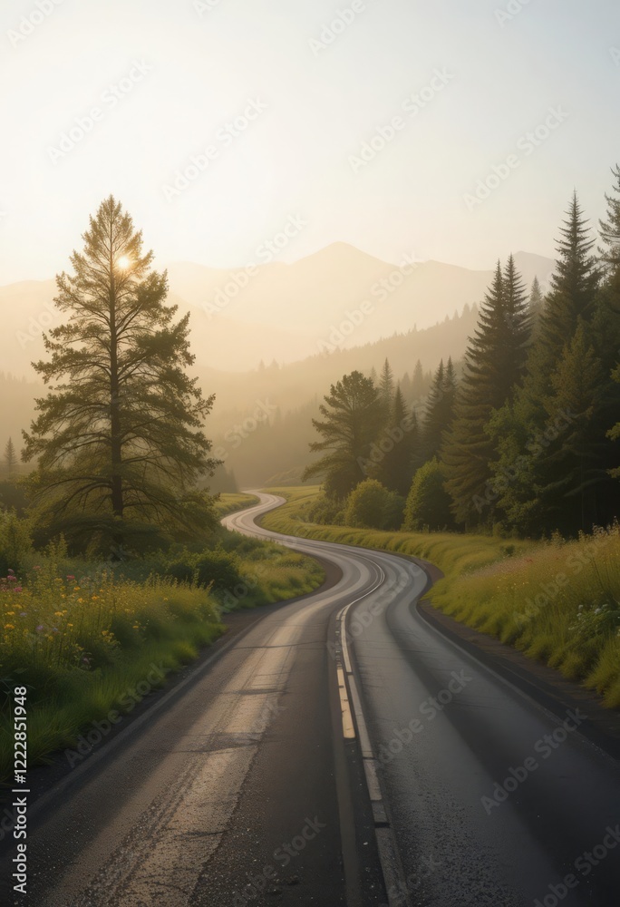 A winding mountain road surrounded by rolling green hills and bathed in warm sunrise light, creating a serene landscape. A winding mountain road surrounded by rolling green hills and bathed in warm sunrise light, creating a serene landscape.