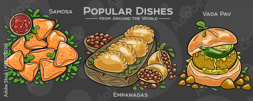 Global Culinary Collection: A hand-drawn set featuring iconic and beloved dishes from diverse cuisines around the world. Samosa, empanadas, vada pav.