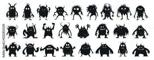 monsters cartoon silhouette. funny monster black and white set, smile halloween scary caricature fantasy vector illustration