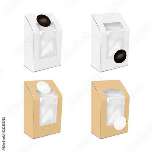 Paper box with clear plastic window and blank round label sticker. 3d mockup set. White, black, kraft. Easy editable. Transparent front paperboard food container. Realistic vector mock-up. Template