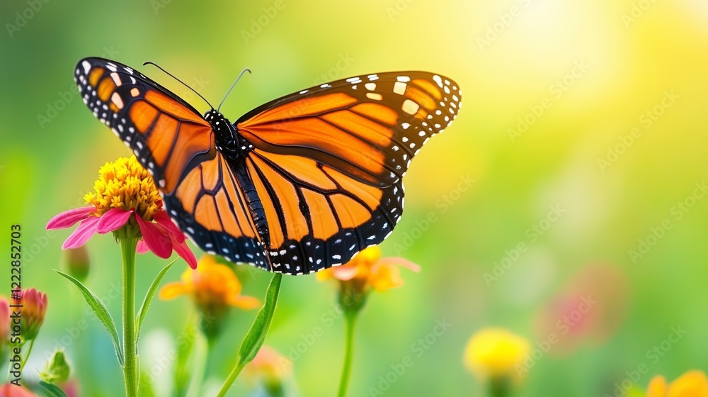 Fototapeta premium Vibrant Monarch Butterfly on Colorful Flower in Sunny Garden