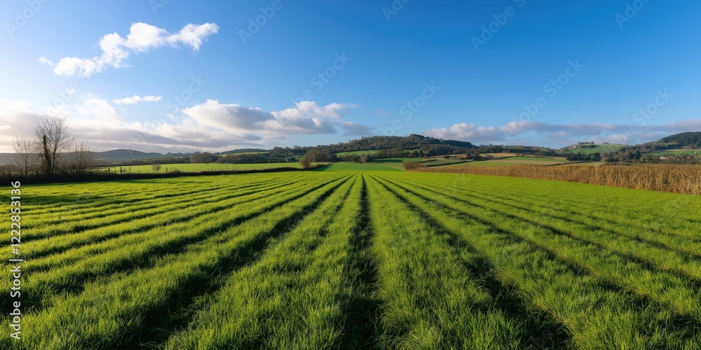 Freshly planted wheat fields in the UK, with vibrant green shoots emerging from the rich soil Freshly planted wheat fields in the UK, with vibrant green shoots emerging from the rich soil
