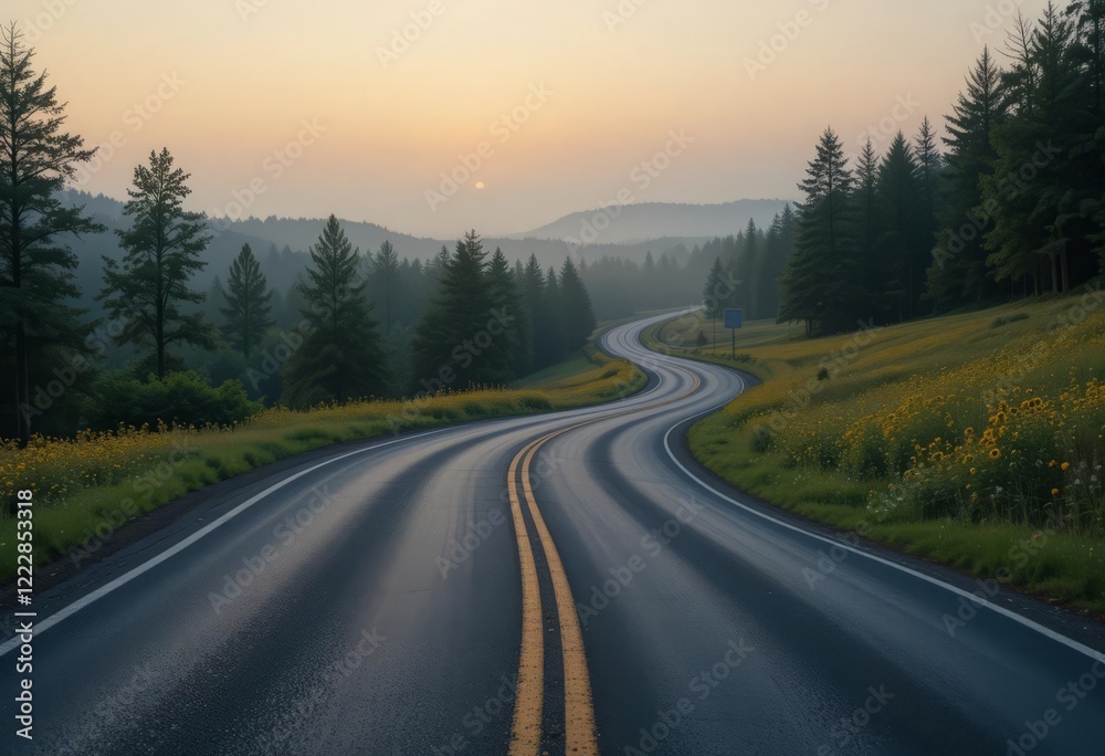 Mountain road winding through hills at sunrise
Mountain road winding through hills at sunrise
