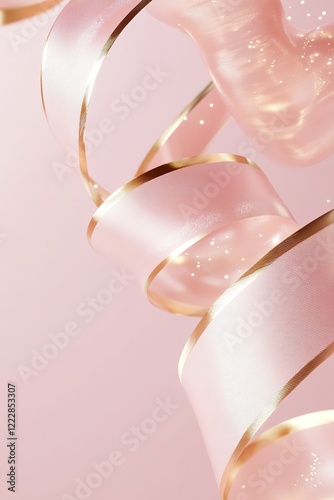Flowing golden ribbons intertwine with gentle pink satin textures, illuminated by sparkling light effects against a soft gradient background, creating an elegant and celebratory ambiance