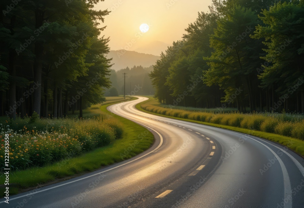 Fototapeta premium Mountain road winding through hills at sunrise 