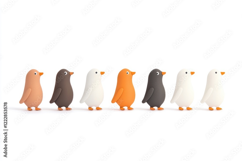 Fototapeta premium Colorful cartoon penguins in a row, showcasing diversity and playfulness against a white backdrop