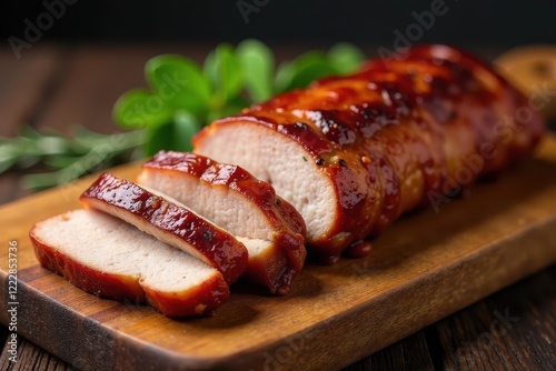 Golden-brown roasted pork belly slices on rustic wooden board, asian, cuisine