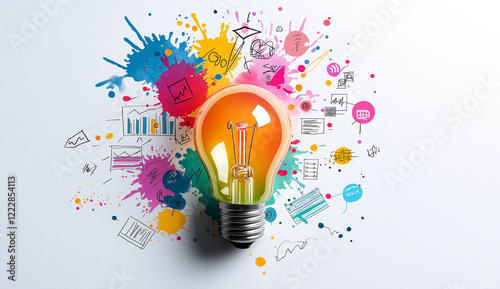 artistic representation of light bulb surrounded by colorful splashes and creative doodles, symbolizing innovation and ideas