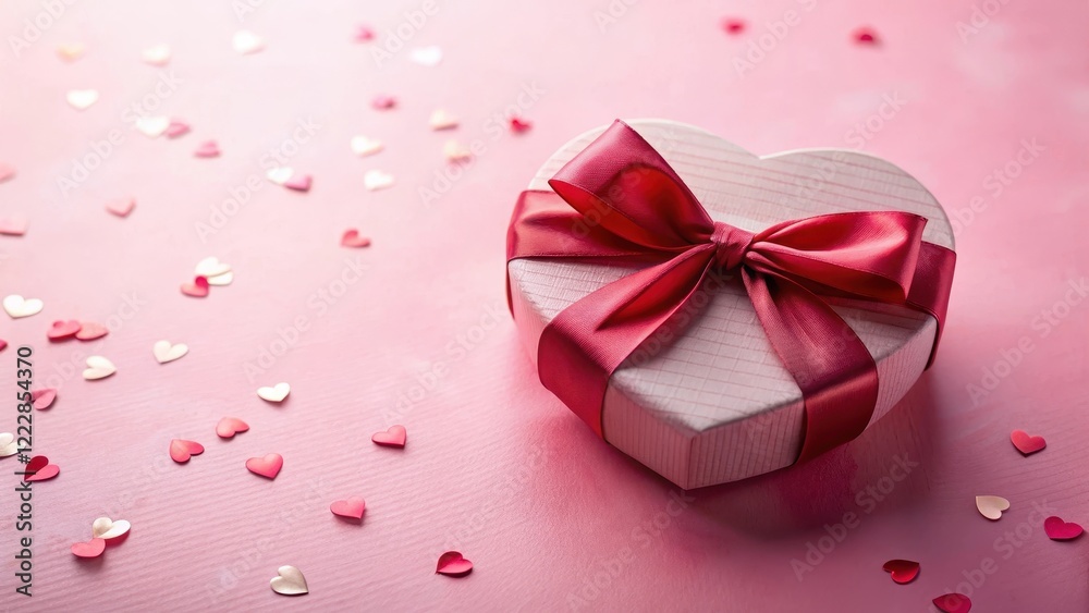 A delicate red bow tied around a heart-shaped gift box with a soft pink background and subtle Valentine's Day decorations , bow tied present, red bow ribbon A delicate red bow tied around a heart-shaped gift box with a soft pink background and subtle Valentine's Day decorations , bow tied present, red bow ribbon