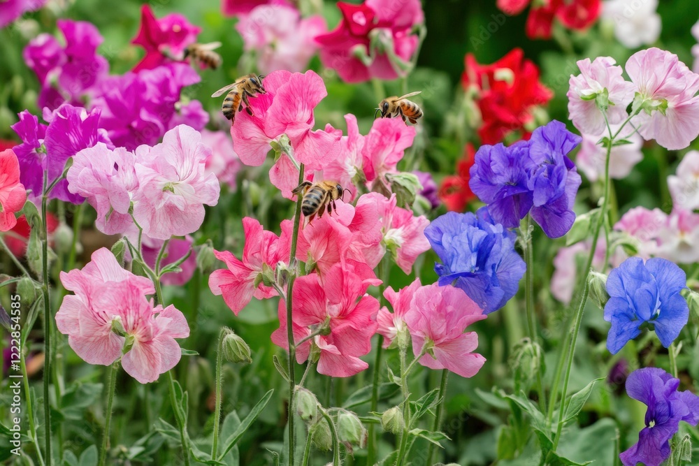 Bees energetically gathering nectar from colorful sweet pea flowers in a vibrant garden during a sunny afternoon. Generative AI Bees energetically gathering nectar from colorful sweet pea flowers in a vibrant garden during a sunny afternoon. Generative AI