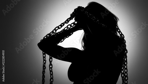 Silhouette of a woman breaking free from chains photo