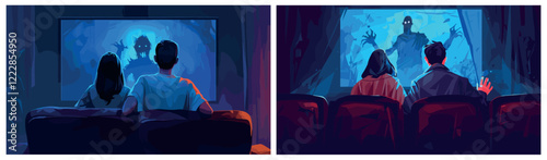 people watching horror. man woman in front of screen with scary movie dark background, cinema back view film industry vector illustration