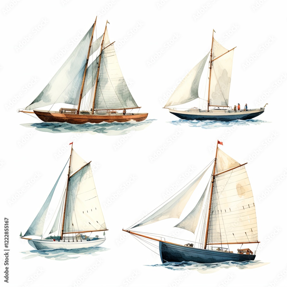 Obraz premium A beautiful set of four watercolor illustrations showcasing sailboats with white sails gracefully positioned on a clean white background. Each boat is facing the left and features unique hull colors.