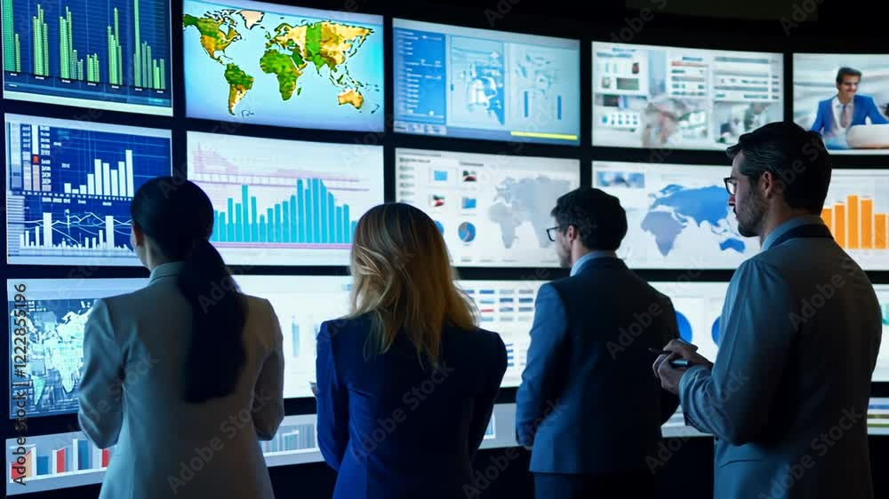 Professionals analyzing global data on multiple screens in a modern office setting Professionals analyzing global data on multiple screens in a modern office setting