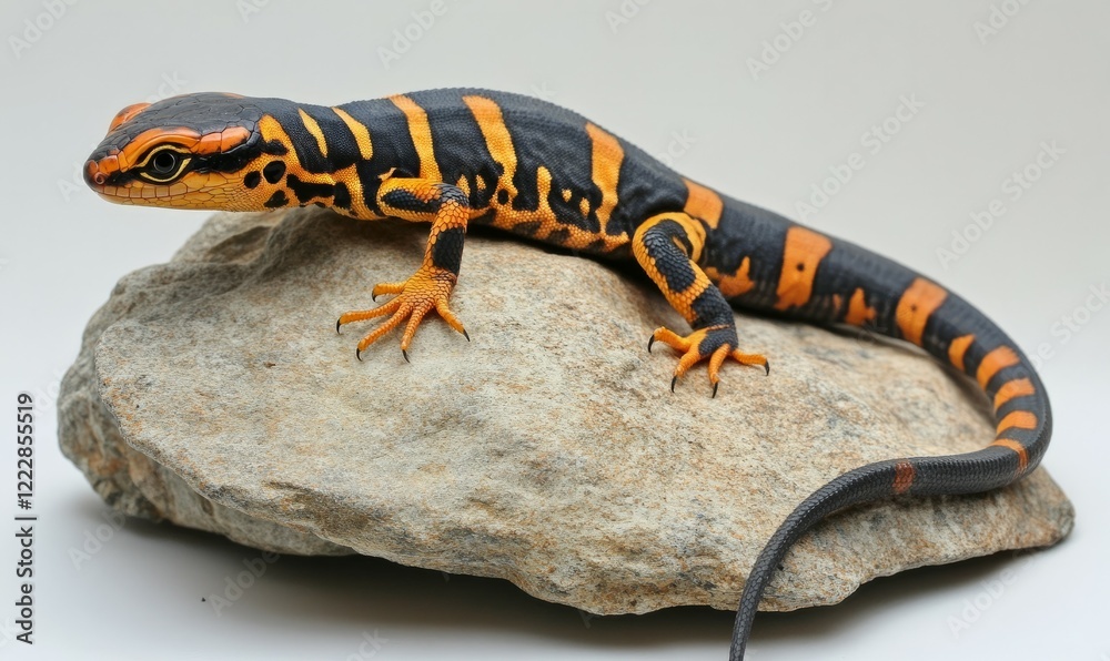 Obraz premium Lizard with orange and black stripes is laying on a rock. The lizard is small and has a long tail