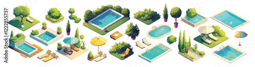 pools isometric cartoon. chaise lounge pool umbrella trees lawn bush recreation area elements set, rest vacation summer plant landscape design country house vector illustration