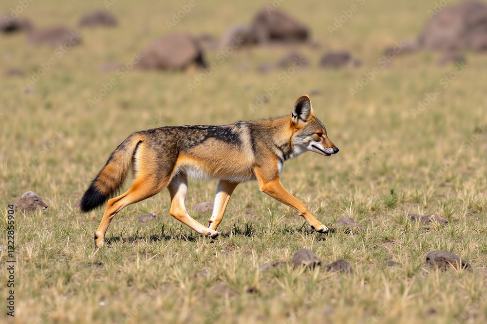 Jackal trotting across dry savanna with perked ears