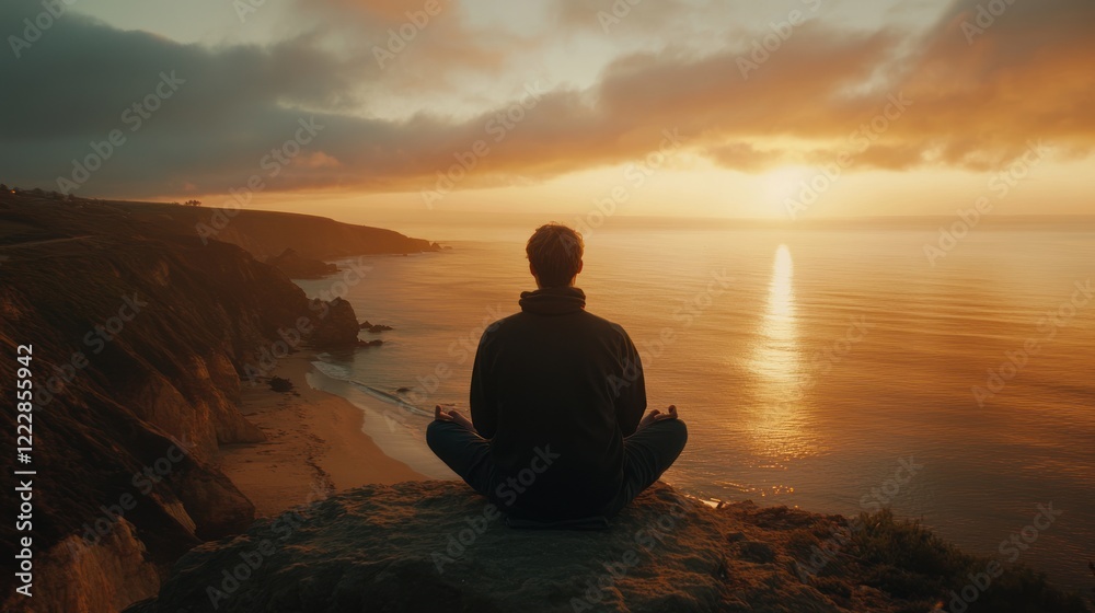 Man Meditates on Clifftop at Golden Sunset Ocean View Man Meditates on Clifftop at Golden Sunset Ocean View