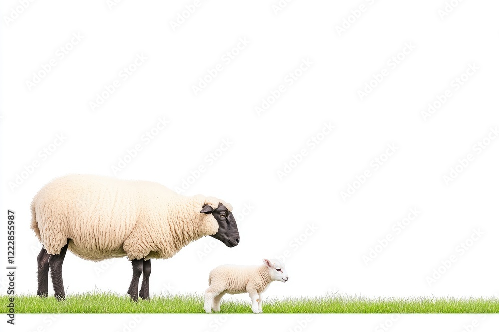 A mother sheep walks alongside her playful lamb on a lush green meadow under a clear sky A mother sheep walks alongside her playful lamb on a lush green meadow under a clear sky