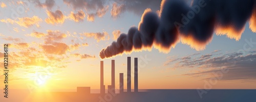 A 3D factory with towering smokestacks emitting black smoke, polluting a nearby river and filling the sky with gray clouds photo