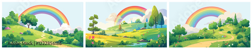 rainbow background cartoon. summer meadow after rain landscape set, clouds green trees path childhood fairy tale vector illustration