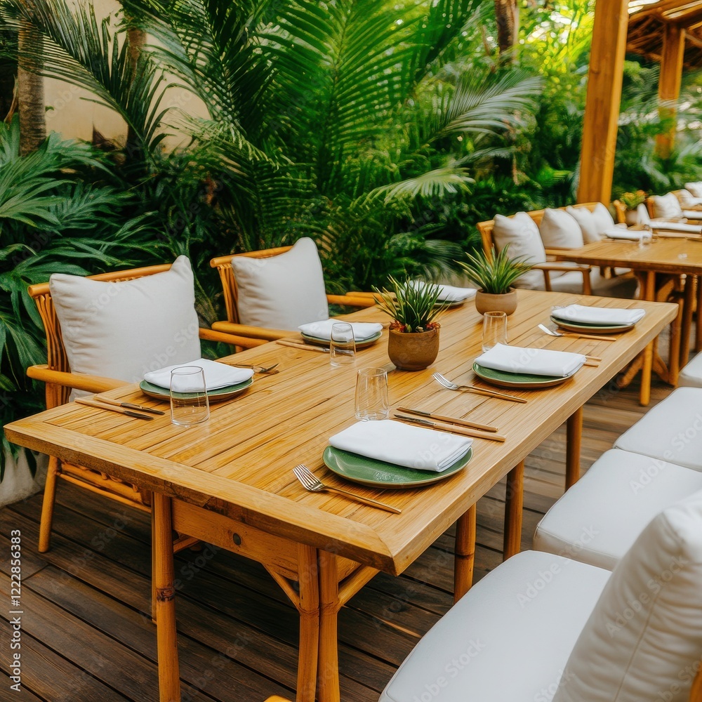 Fototapeta premium Beautiful outdoor dining setup surrounded by lush greenery, featuring natural wood furniture and elegant table settings.